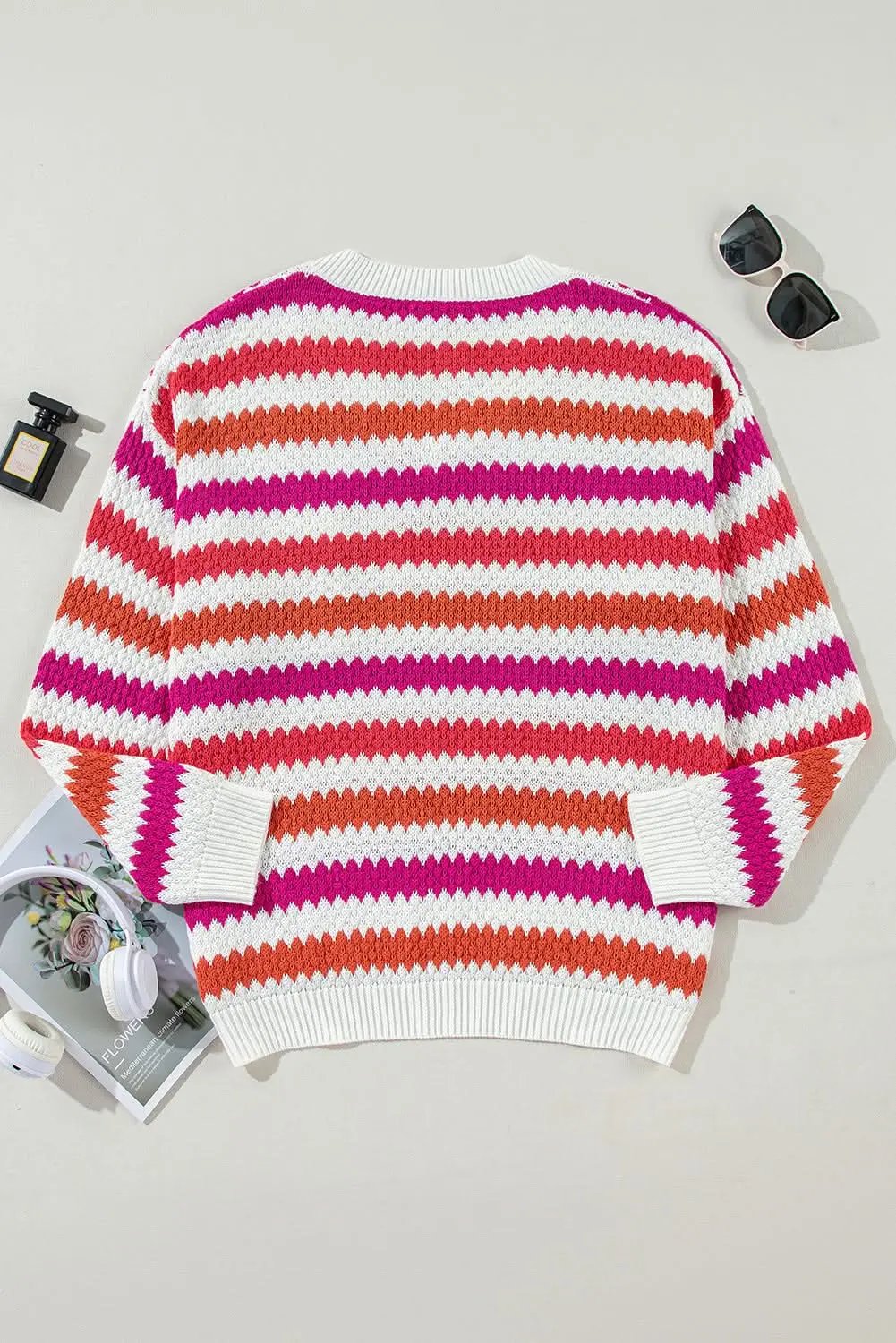 Pink Stripe V Neck Drop Shoulder Plus Size Sweater - Love Salve